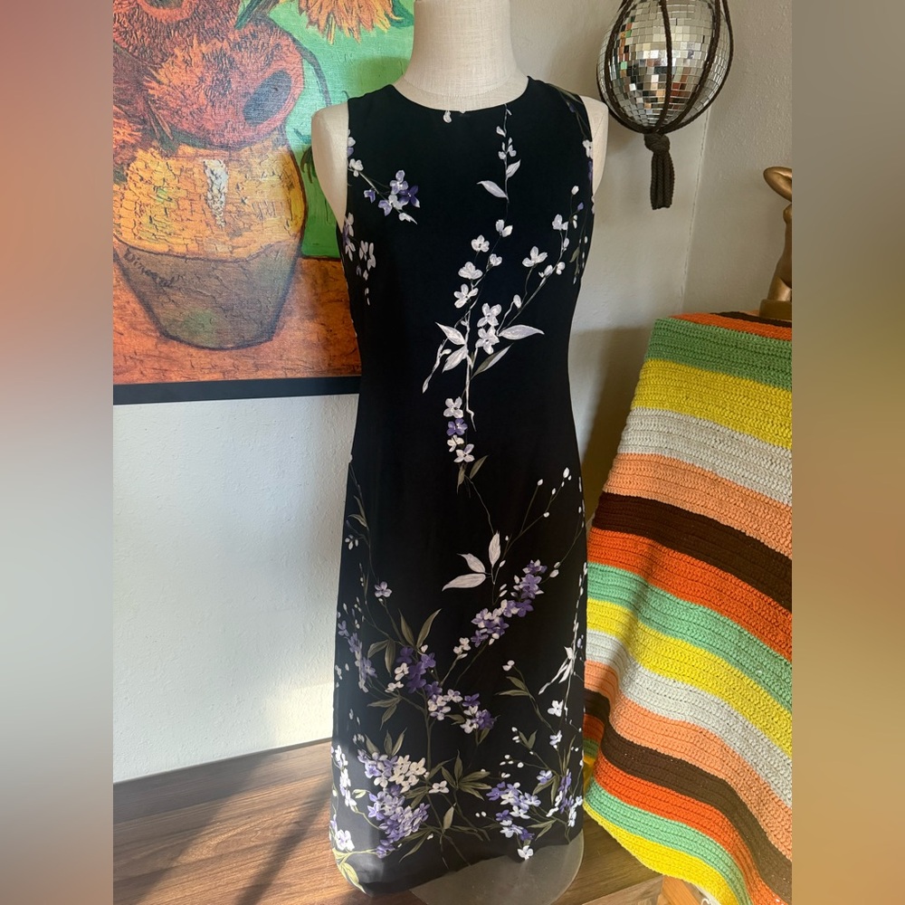 Evan-Picone Black and Purple Floral Midi Dress